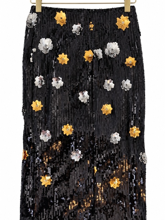 Milly Dresses & Skirts - Milly Black Sequin Pencil Skirt with Gold & Silver Floral Appliqués